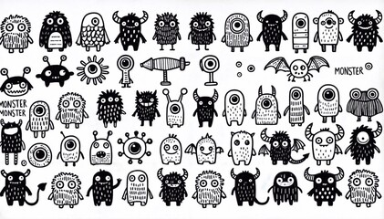 Black and white set illustration of various monsters. Variety of monsters and creatures, all with different shapes, sizes, and features