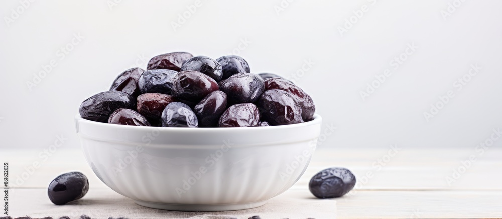 Aufkleber a bowl of delicious prunes displayed on a clean white table with abundant empty space around them fo