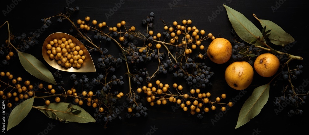 Poster golden fruits set on black table in flat lay composition with copy space image available.