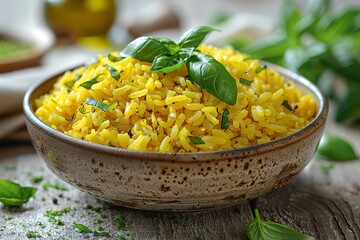 A bowl of yellow rice with green herbs on top - Powered by Adobe