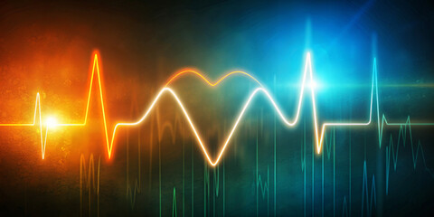 Brightly colored light pulses form a rhythmic pattern on the monitor reminiscent of heartbeat.Glowing neon lines against a dark background create a dynamic and energetic atmosphere,symbolizing life.AI