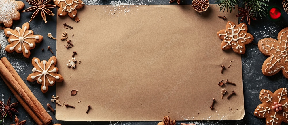 Poster top view christmas-themed background with gingerbread cookies, snowflakes, spices, and a blank sheet
