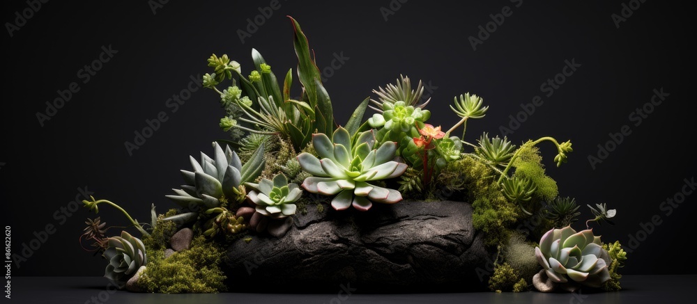 Poster A dark potted moss plant with succulents and cacti on a blank background, providing room for text or other elements. with copy space image. Place for adding text or design