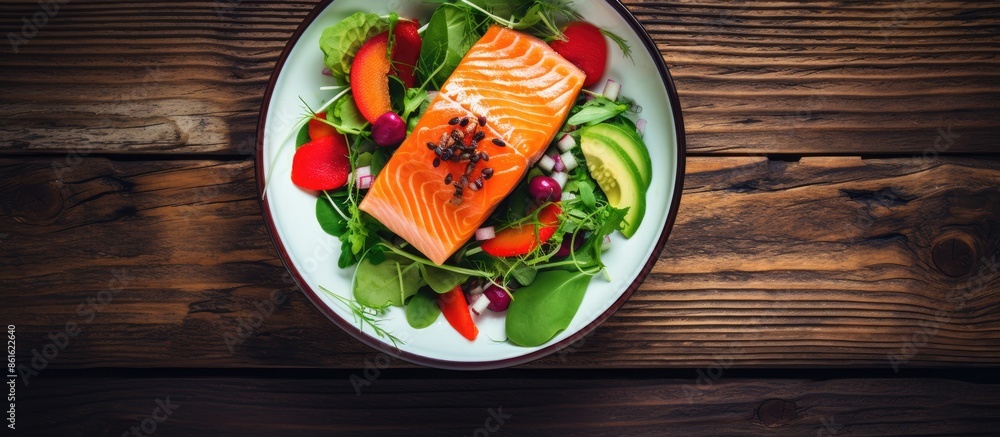 Fototapete Fresh salmon salad displayed as an appetizing meal on a rustic table with copy space in the background for a top view image.