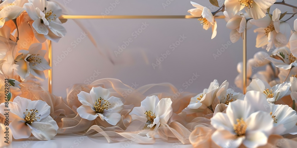 Poster 3d rendering of vacant square stage frame adorned with gold and white flowers. concept 3d rendering,