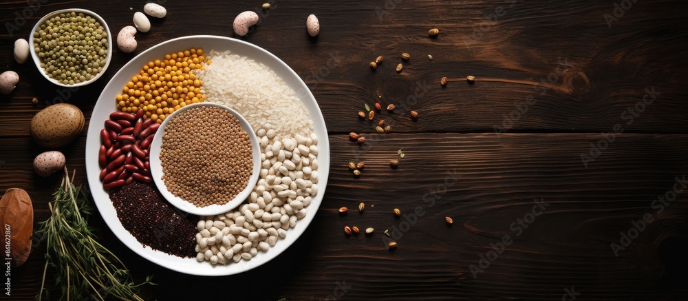 Aufkleber an aerial view of a white ceramic plate filled with various uncooked beans, grains, and seeds on a d