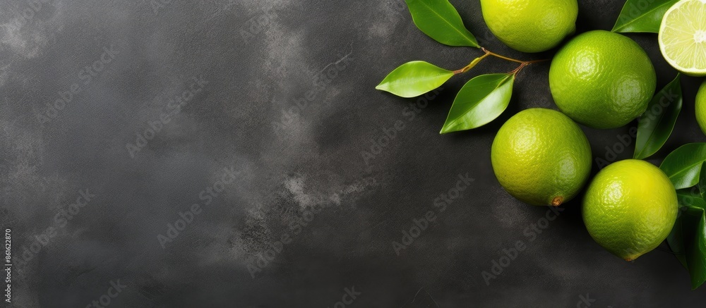 Poster top view of fresh ripe limes on a dark stone surface with a blank area for text or images, known as 