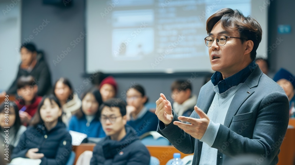 Aufkleber instructor giving presentation to attentive students in classroom setting