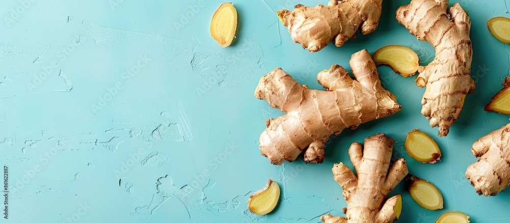 Aufkleber fresh ginger isolated on pastel background food isolated. with copy space image. place for adding te