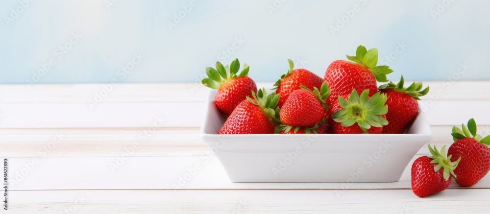Aufkleber square dish with fresh strawberries displayed on a white wooden table background, ideal as a copy sp