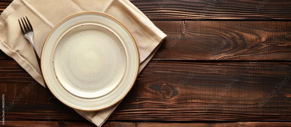 Leinwandbilder top view image of an empty plate and linen napkin set on a brown wooden background with ample copy s