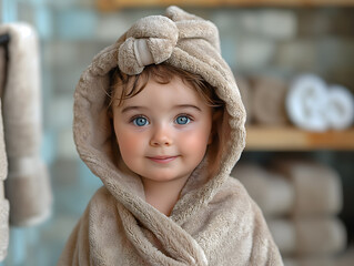 Cute happy laughing baby in soft bathrobe after bath playing