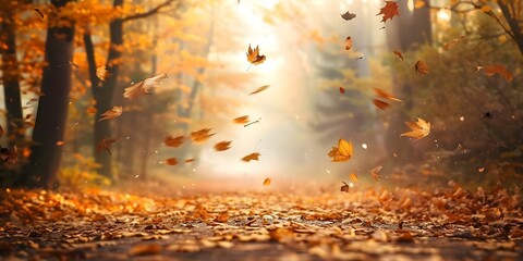 Fototapeta premium Golden Leaves Falling in an Autumn Forest A Serene Scene. Concept Autumn Colors, Falling Leaves, Serene Forest Views, Golden Foliage, Nature's Beauty