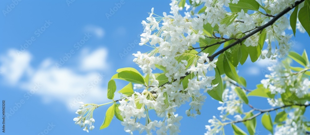 Aufkleber Chinaberry tree's (Melia azedarach) leaves and flowers in spring against a blue sky backdrop, with a clear area for text in the image. . with copy space image. Place for adding text or design
