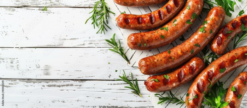 Poster Delicious homemade sausages on a white wooden surface seen from above, with room for text in the picture. with copy space image. Place for adding text or design