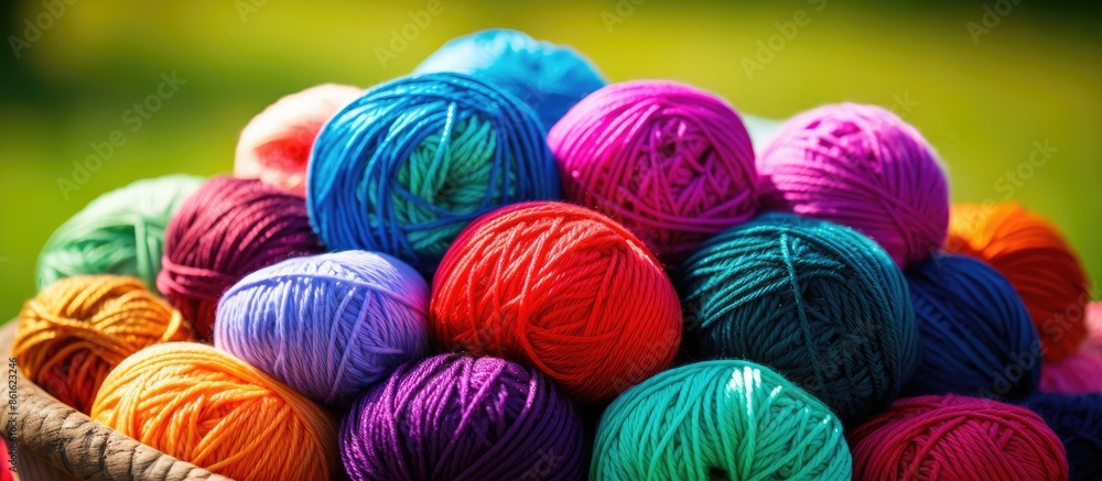 Poster Knitting accessories like colorful yarn balls, illustrating a needlework project, with room for a custom image. with copy space image. Place for adding text or design
