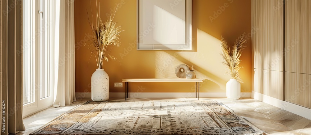 Poster stylish rug on floor in interior of modern hallway. with copy space image. place for adding text or 