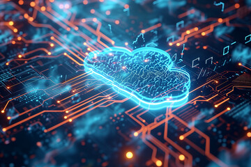Big data and Cloud computing concept with digital cloud icon, digital cloud banner, circuitry and technology connecting to digital cloud server, data transferring dynamic and electrifying wallpaper