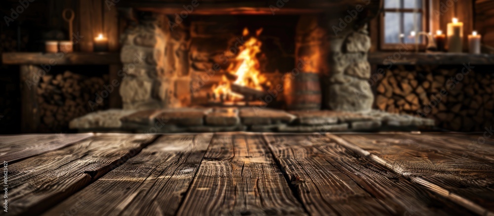 Leinwandbilder old wooden table and fireplace with warm fire on the background. with copy space image. place for ad