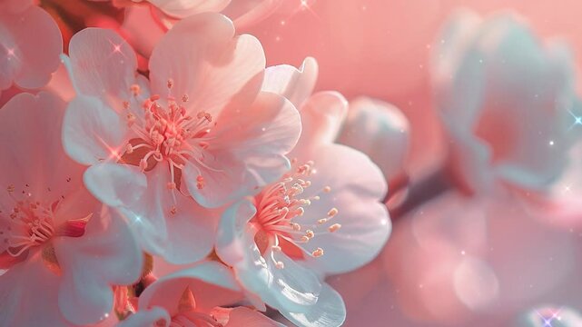 Pink peach blossoms and white petals with a pink background