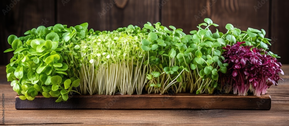 Poster Various microgreens varieties displayed on a wooden backdrop with copy space image.