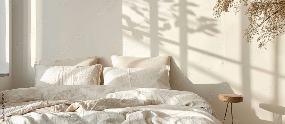 Aufkleber natural fabric bedding on the bed. with copy space image. place for adding text or design