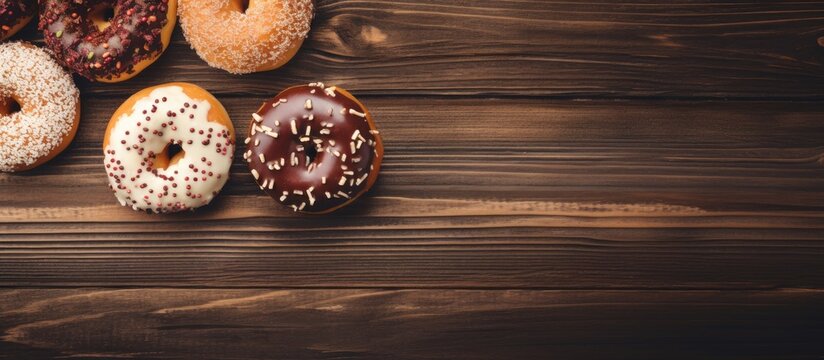 Top view of delicious bakery doughnuts on a vintage rustic wooden table, captured in a retro-toned overhead shot with copy space image.