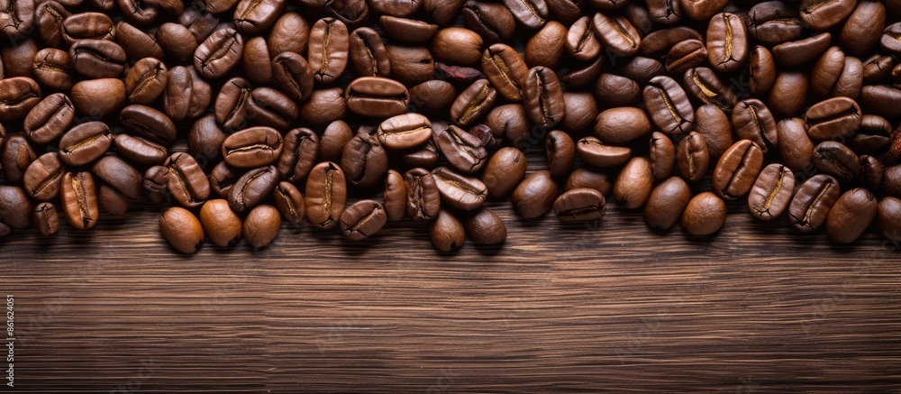 Leinwandbilder Top-down view of coffee beans on a wood surface with space for text. with copy space image. Place for adding text or design