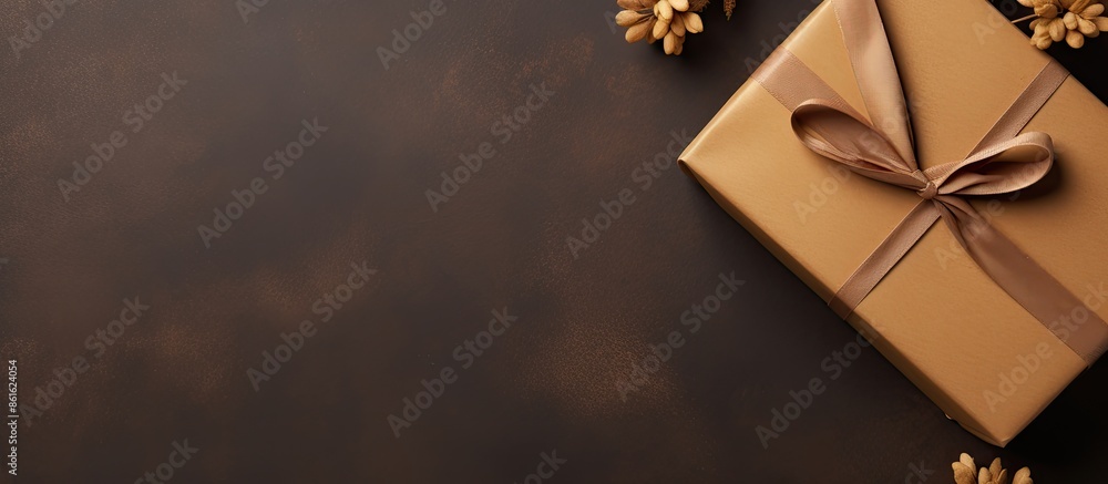 Poster top view flat lay of a gift craft package against a brown craft background provides ample copy space
