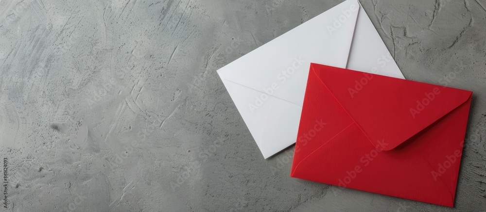 Fototapete A flat lay picture shows a red envelope and white card on a grey backdrop from above with space for text or graphics. with copy space image. Place for adding text or design