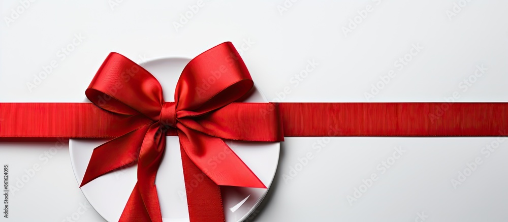 Poster a red ribbon ties a fork and knife on a white backdrop. ideal for food and restaurant themes with ro