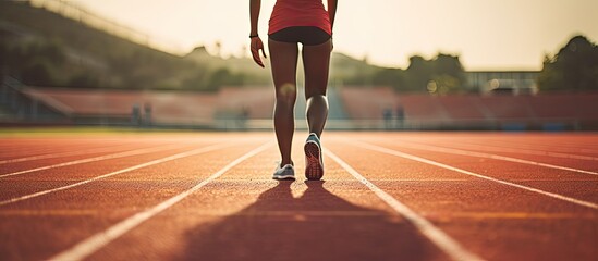 A high school track runner seen from behind is poised at the starting line, ready to sprint down the track, with a detailed close-up view capturing the moment with copy space image.