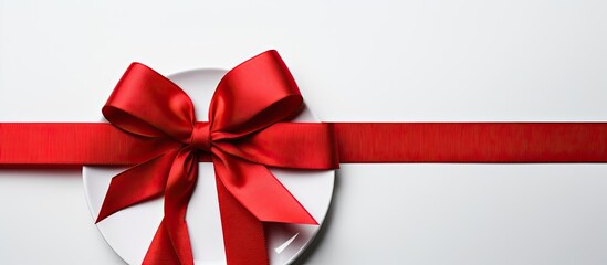 A red ribbon ties a fork and knife on a white backdrop. Ideal for food and restaurant themes with room for a copy space image.