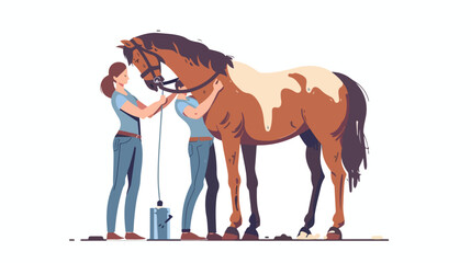 Obraz premium Stableman Woman Character Care of Purebred Horse 