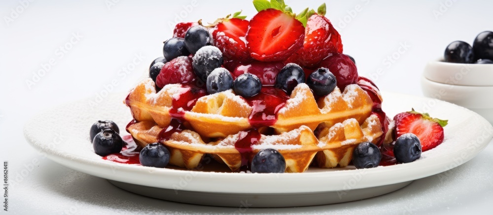 Poster close-up of a croissant waffle, known as a croffle, topped with strawberry and blueberry sauce on a 