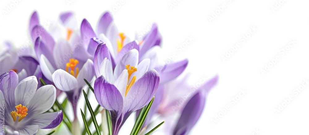 Poster fresh spring flowers like a crocus flower set against a white background, ideal for a copy space ima