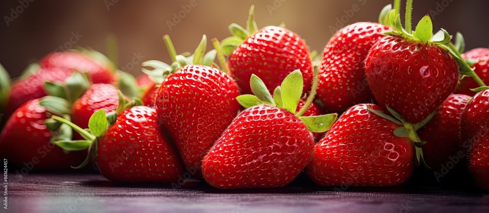 Poster A bunch of vibrant red strawberries with selective focus and a shallow depth of field, creating a toned copy space image.