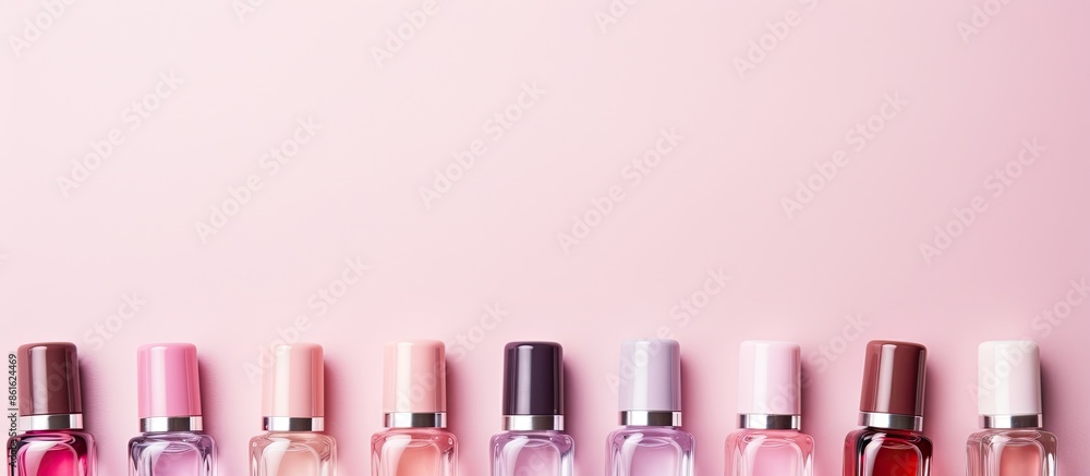Poster A pastel pink background with an array of vibrant nail polish bottles displayed in a flat lay arrangement with available copy space image.