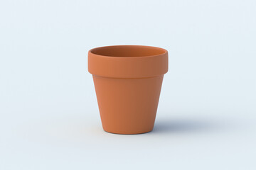 Empty clay flower pot on gray background. Gardening equipment. Ceramic container for plant. 3d render