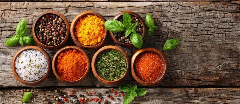 Top view of small bowls filled with colorful seasoning and spices like basil, pepper, saffron, salt, paprika, and turmeric, displayed on a rustic wooden table, with ample copy space in the image.