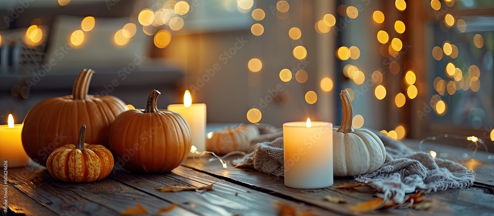 Poster pumpkins and candle with fairy lights around on a wooden table. autumn season image, cozy home atmos