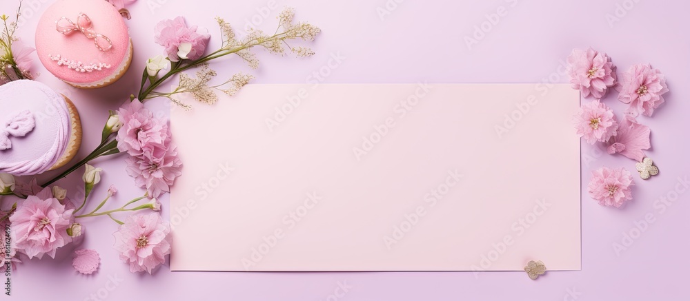 Poster top-down view of a blank greeting card, invitation mockup, and letterhead template adorned with deco