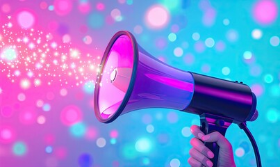Vibrant image of a hand holding a megaphone emitting colorful sparkles against a bright, bokeh background.