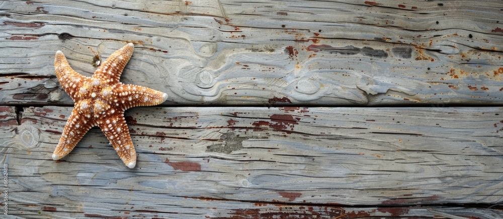 Poster Sea objects including a starfish on an aged wooden table with a rustic appearance, ideal for a copy space image.