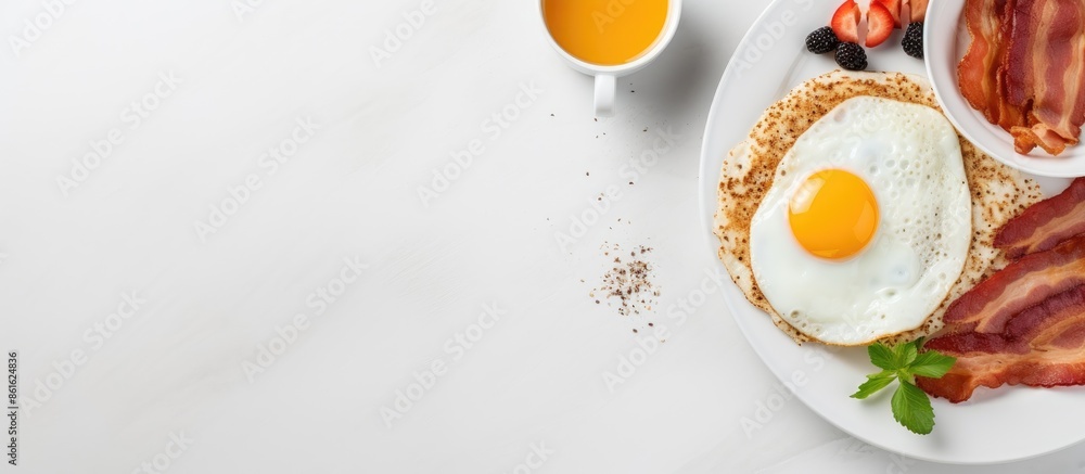 Poster top view of a complete american breakfast displayed on a white surface with copy space image. includ
