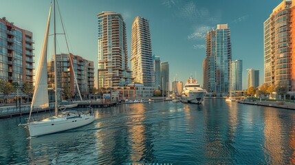 Beautiful harbor city with sailboats and modern high-rises