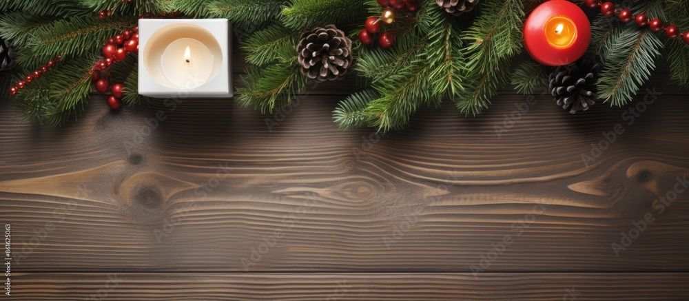 Poster top view of a festive christmas table arrangement featuring candles, a gift box, and a snowy fir tre