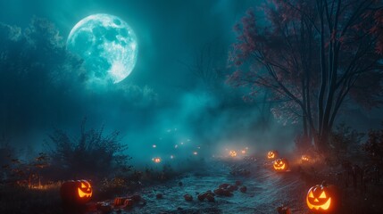 Obraz premium Glow from numerous jack-o'-lanterns illuminates a forest path under a spooky full moon, creating a mystical, eerie ambiance with scattered fallen leaves.