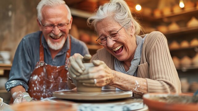 Joyful senior couple enjoying pottery making together in a rustic workshop filled with handmade ceramics and warm lighting.