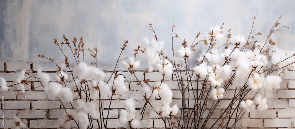 Poster dried branches adorned with cotton flowers against a white brick wall creating a blurry floral backg